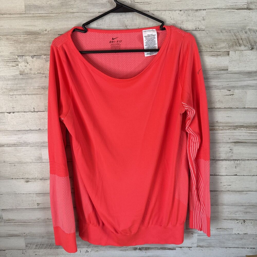 Nike Knit Epic Dri Fit Long Sleeve Activewear Top Womens Size Large Neon Red